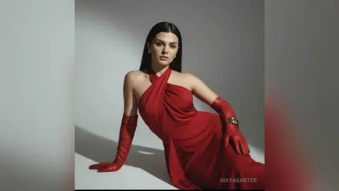 Elegant woman in a red one-shoulder gown and matching long gloves posing against a grey studio background.