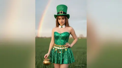 Woman in green sequin leprechaun outfit and top hat holding a gold pot under a rainbow in a green field.