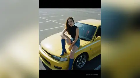 Stylish woman in a black top and denim shorts sitting on a yellow vintage car in a sunny parking lot.