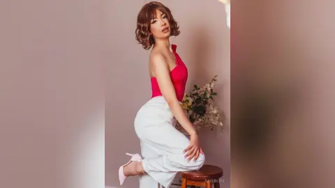 Elegant woman in a red halter top and white trousers posing gracefully in a soft-lit indoor setting.
