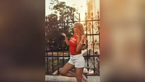Blonde woman in red Adidas t-shirt and white shorts posing by a vintage black wrought iron gate at sunset.