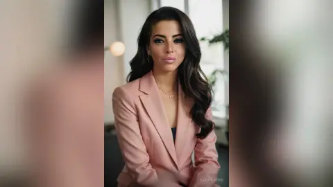 Elegant woman in a blush pink blazer sitting in a bright, modern office setting with a professional mood.