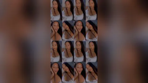 Young woman in a white top smiling in a soft-lit portrait collage with a dreamy, aesthetic mood.