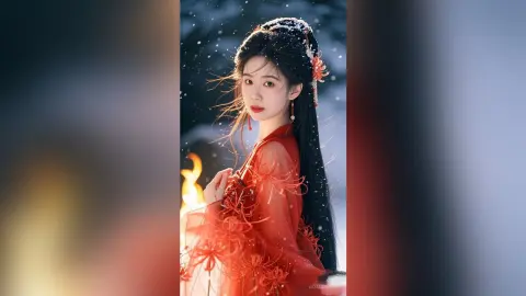 Elegant woman in traditional red Hanfu dress with floral hair accessories posing in a snowy winter landscape.