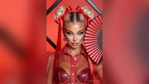 Glamorous woman in red lace outfit with high buns and red ribbons posing against a red background.