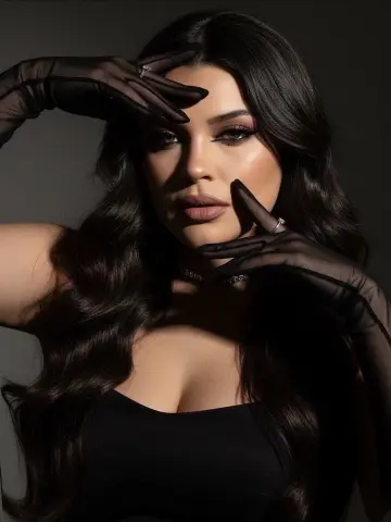 Glamorous woman in a black dress and sheer gloves posing with elegant makeup in a moody studio setting.