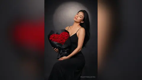 Elegant woman in a black evening dress holding a large bouquet of red roses against a dark studio background.