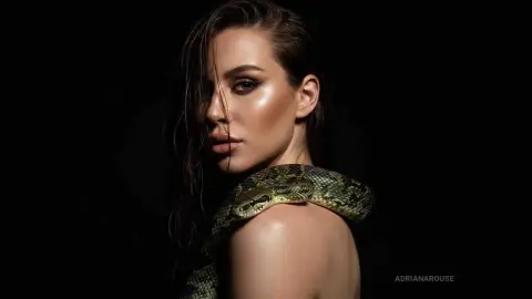 Moody portrait of a woman with wet hair posing with a large green snake against a dark background.