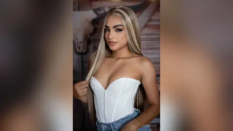 Blonde woman in a white corset top and denim jeans posing with a glamorous, confident mood.