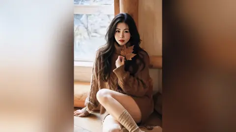 Young woman in a cozy brown knit sweater sitting by a window in a warm, autumnal indoor setting.