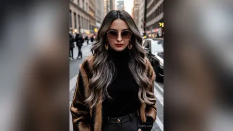Stylish woman in a black turtleneck and brown faux fur coat wearing sunglasses on a city street.