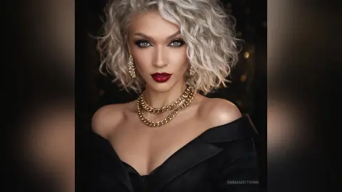 Glamorous woman with wavy blonde hair, bold red lipstick, and gold chain necklaces in a moody studio setting.