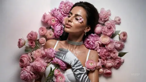 Woman in white dress and silver gloves lying amidst pink roses for a romantic, dreamy floral photoshoot.