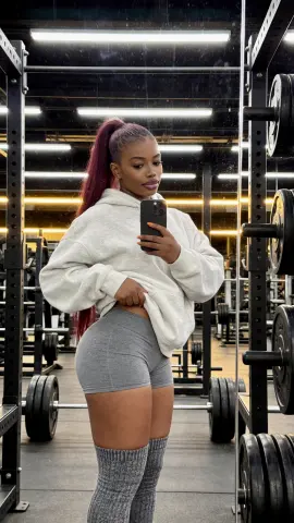 Young woman in a white hoodie and grey gym shorts taking a mirror selfie in a modern fitness gym.