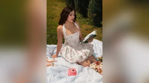 Young woman in a white floral sundress reading a book on a picnic blanket in a sunny garden setting.