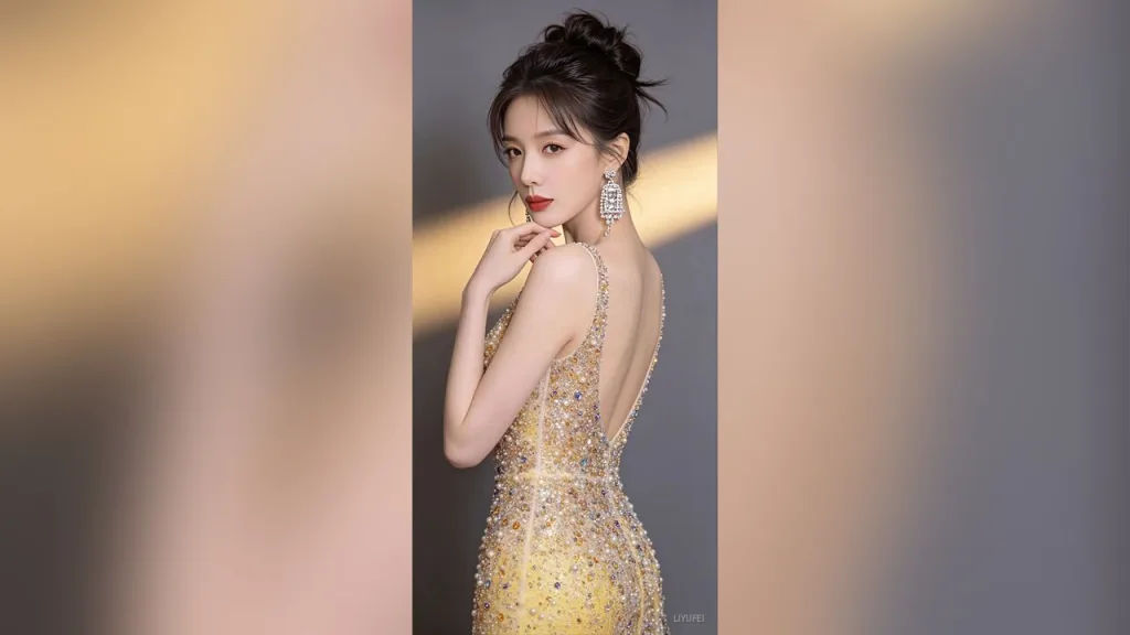 liyufei — liyufei poses in a sparkling gold sequined gown with a low back and large silver earrings.