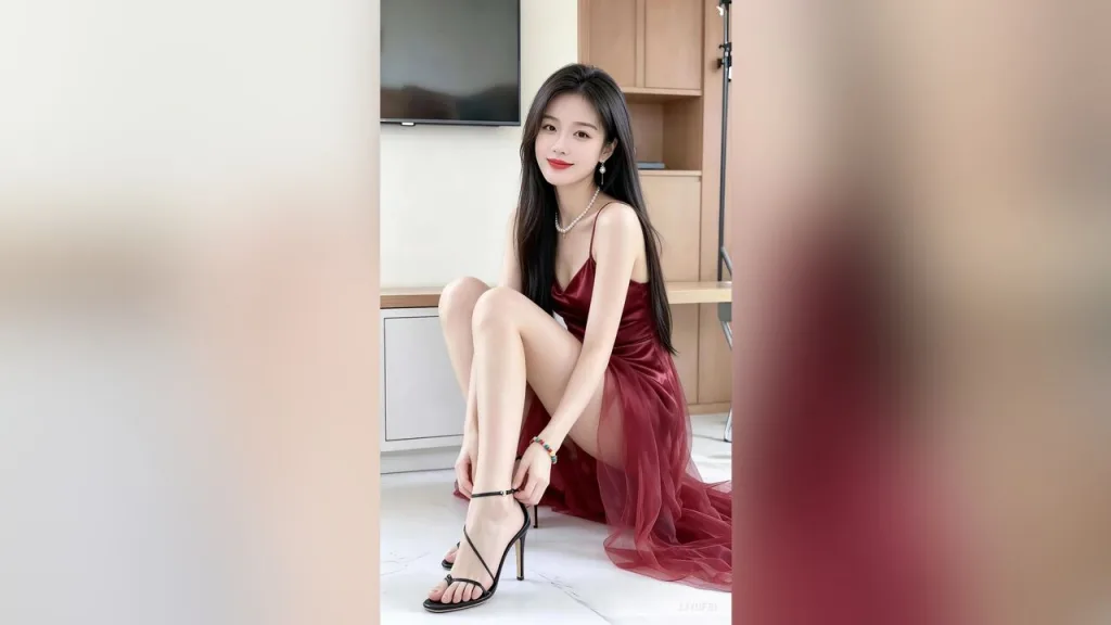 liyufei — liyufei sits on the floor wearing a red silk slip dress and black high heels.