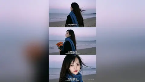 EnyaLin stands on a beach at dusk, wearing a blue scarf and black top with her long dark hair blowing in the wind.