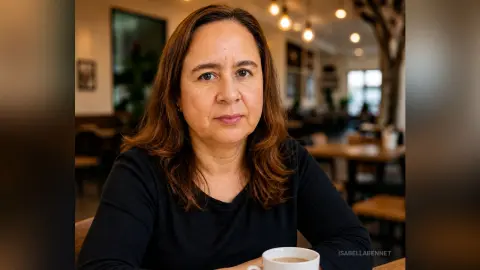 Middle-aged woman in a black shirt sitting at a cafe table with a thoughtful expression.