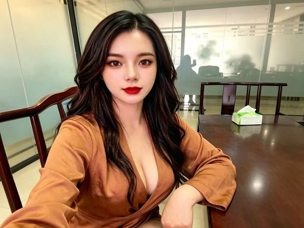Beautiful woman with long dark hair wearing a brown V-neck blouse sitting at a wooden table in a bright office.