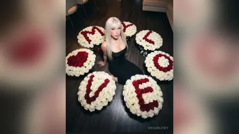 Blonde woman in a black dress sitting amidst large white and red flower arrangements spelling LOVE.
