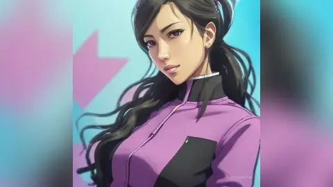 Anime style portrait of a young woman in a purple zip-up jacket with long dark hair against a blue background.