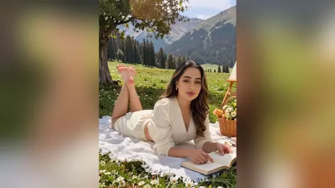 LilianMendoza lies on her stomach on a white blanket in a grassy field, wearing a white long-sleeve top and shorts while reading a book.