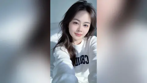 Smiling young woman in a white sweatshirt posing for a selfie in a bright, sunlit room.