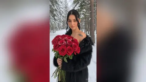 Elegant woman in a black faux fur coat holding a large bouquet of red roses in a snowy winter forest.