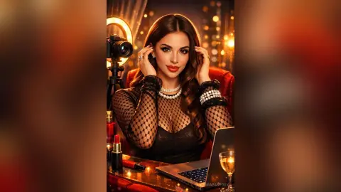 Glamorous woman in a black mesh outfit sitting at a desk with a laptop and warm bokeh lighting.