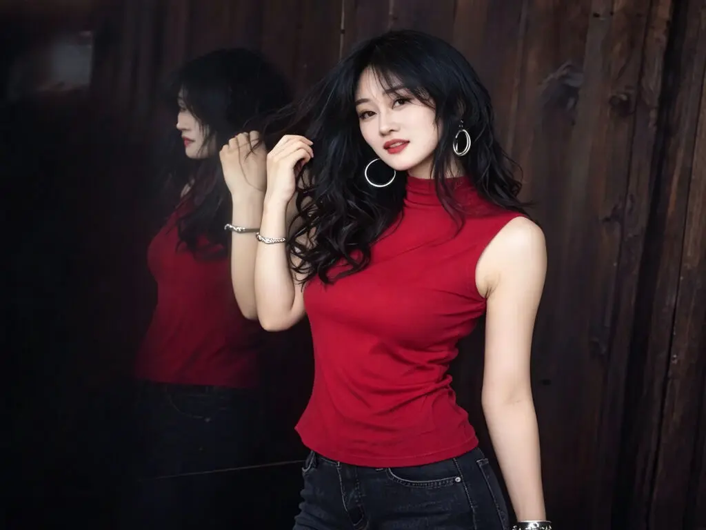 Young woman in a red sleeveless turtleneck and black jeans posing against a dark wooden wall.