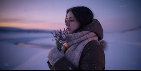 Young woman in cozy winter knitwear and scarf standing in a snowy landscape during a peaceful twilight sunset.