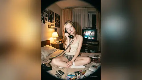 JaimieBez sits cross-legged on a bed in a cream camisole and plaid shorts, holding a black telephone receiver to her ear.