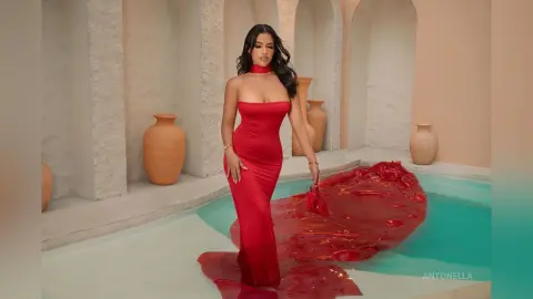 Elegant woman in a long red evening gown with a train standing by a luxury courtyard pool.