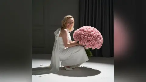 Smiling woman in a white elegant gown holding a large bouquet of pink roses in a minimalist studio setting.