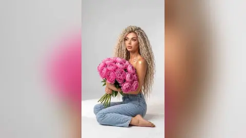 Blonde woman in denim jeans holding a large bouquet of pink peonies against a white studio background.