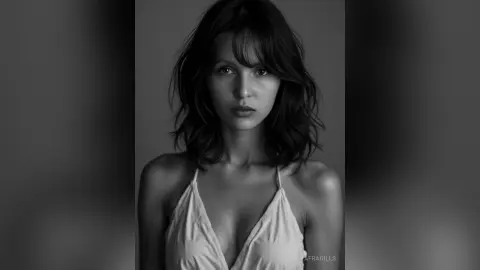 Moody black and white portrait of a woman with wavy hair wearing a white v-neck camisole against a plain backdrop.