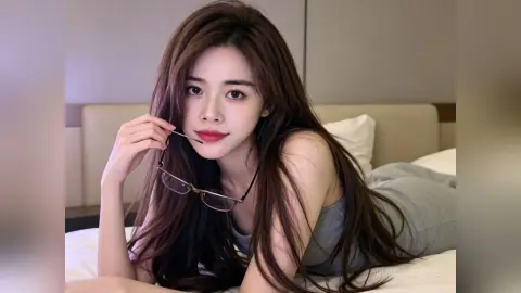 Young woman with long brown hair wearing a grey tank top relaxing on a white bed in a cozy bedroom setting.