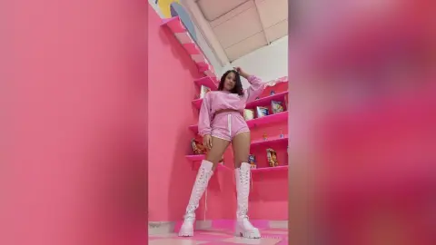 Young woman in pink loungewear and white lace-up boots posing confidently in a bright pink room.
