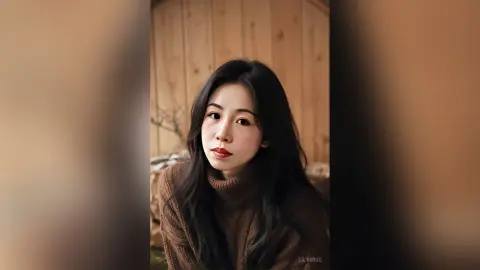 Young woman in a cozy brown turtleneck sweater posing with a serene expression in a rustic wooden setting.