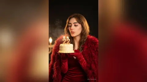 Elegant woman in a red velvet outfit celebrating her 22nd birthday with a lit candle cake in a moody setting.