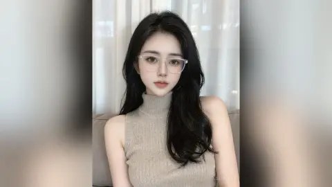 AgelaHui poses wearing clear glasses and a sleeveless tan turtleneck, showing her long black hair and shoulders against a soft white curtain background.