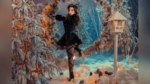 Woman in elegant black outfit posing in a magical snowy winter wonderland with frosted trees and fairy lights.