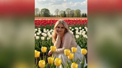 Blonde woman in a beige sweater smiling in a vibrant field of red and yellow tulips under a clear sky.
