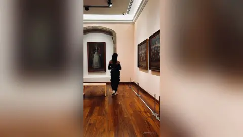 Woman in a black dress viewing classical oil paintings in a quiet art museum gallery.