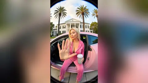 Glamorous blonde woman in a pink jumpsuit holding a drink next to a pink car in front of a white mansion.