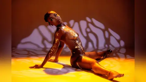 Artistic portrait of a woman with gold body paint posing in warm, dramatic shadows.