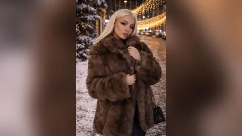 Blonde woman in a cozy brown faux fur coat walking through a snowy street with festive holiday lights.