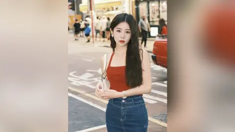 Young woman in a red tank top and denim jeans posing on a city street with a stylish, casual summer mood.