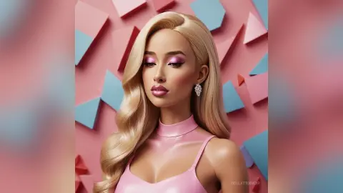 Glamorous blonde woman in a pink top posing against a pink and blue geometric background with a chic mood.